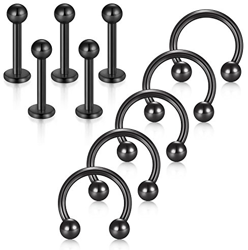 Funseedrr 10 stück 16 Gauge Edelstahl Lippenpiercing Labret Stecker CBR Hufeisen Lippe Ring Set 8mm Tragus Helix Piercing Schmuck Schwarz