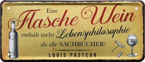 WOGEKA ART Retro Blechschild - Eine Flasche Wein enthält mehr Lebensphilosophie - witziger Spruch als Geschenk-Idee Geburtstag Weihnachten Deko 28x12 cm Vintage-Design Metall 1981