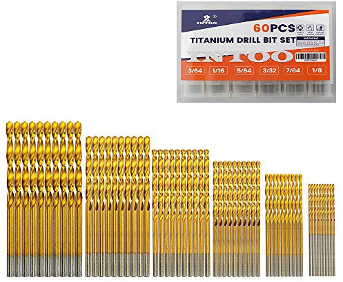 INTOO Lot de 60 mini forets + 12 pièces gratuites en acier rapide rapide et titane 3/64,6-0,3 cm pour métal, plastique, bois