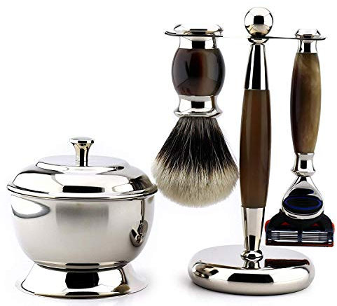 Horn Harz Replik Rasier Geschenk Set Fünf Kanten Rasierer und Silberspitze Dachsbürste mit Schale und Doppelständer