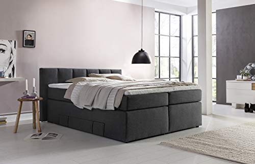 Möbelfreude Doluna Andybur Boxspringbett 200x200cm Anthrazit H2/H3 | 7-Zonen Taschenfederkern Matratze & Visko-Topper | 90 cm hohes Kopfteil ideal für Dachschrägen + Bettkasten für Stauraum