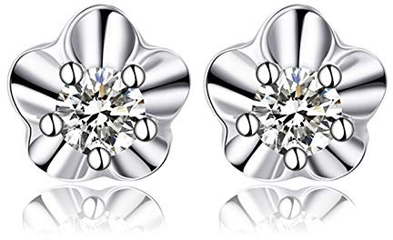 Daesar Boucles D'Oreille Or Blanc 18K, Boucles Doreilles Femme 0.05ct Fleur de Diamant Blanc Rond brilliant Boucle D Oreilles Clou Or Blanc