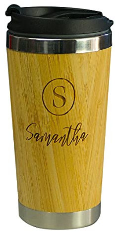 Vacuum insulated travel coffee mug. Bamboo and stainless steel reuable personalised coffee cup. Double wall eco friendly travel flask