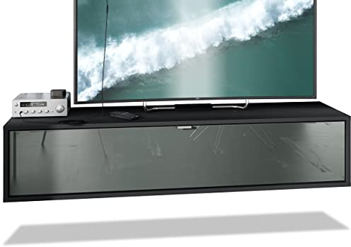 Vladon TV Board Lana 140 Hängeschrank Lowboard 140 x 29 x 37 cm, Made in Germany, Korpus in Schwarz matt, Fronten in Grau Hochglanz | Große Farbauswahl