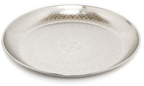 Carousel Home Gifts Elegant Silver Metal Mandala Flower Display Dish | Round Decorative Presentation Bowls | Ornament Candle Tray Plate - 33cm