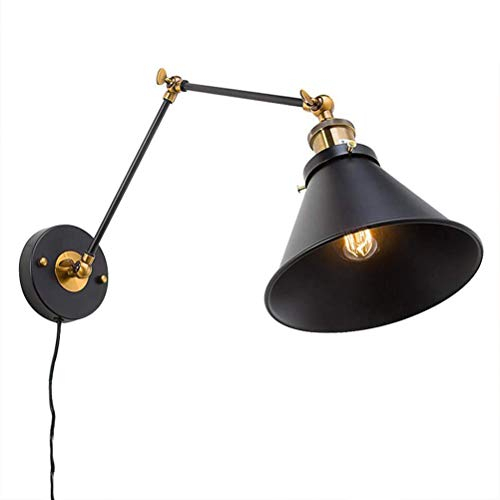 Vintage Industrial Wandleuchten mit Schalter, Schwenkbar Verstellbare Flexible Lange Arm Wandlampe Nachttischlampe Wand-Leselampe mit Stecker und Kabel Schwarz Metall Schirm E27 Innen Beleuchtung