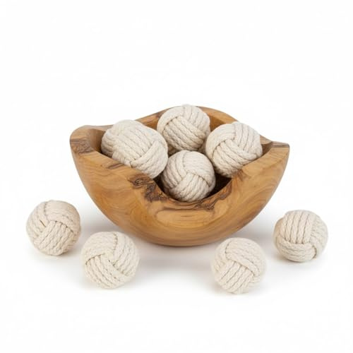 Set of 6 Cotton Rope Balls – Decorative Nautical Accents – for Vase Fillers, DIY Crafts, Rustic Living Room Decor – Handmade Knot Ornaments for Tray Styling, Coastal Display, or Housewarming Gift