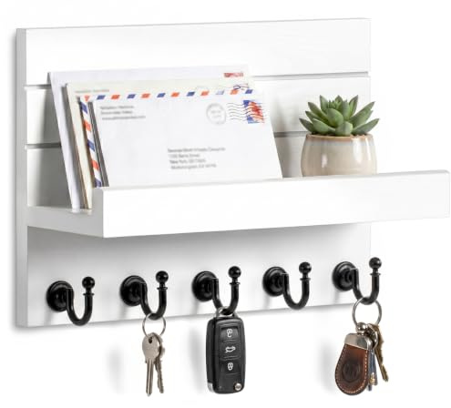HONJIN Key Holder Wall Mount with Shelf and 5 Sturdy Key Hooks (White)
