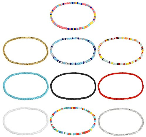 ELECLAND Lot de 10 bracelets de cheville élastiques style bohème pour femme et fille, 10 inch, perles de riz et tendeurs