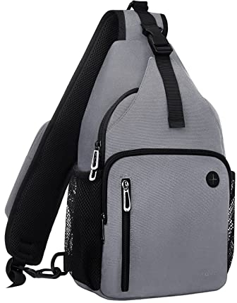 MOSISO Sling Rucksack Tasche, Mehrzweck Umhängetasche Reise Wander Tagesrucksack Brusttasche mit Quadratischer Fronttasche & USB Ladeanschluss, Grau