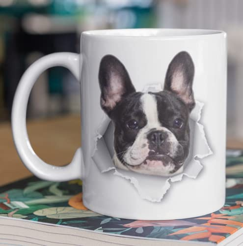 Tasse bouledogue français vaquite sortant de la tasse, originale et amusante.