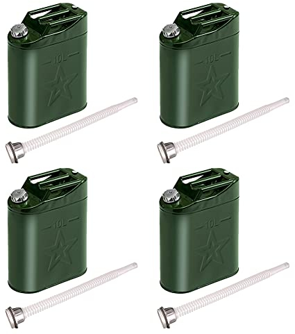 Aublinto 4pcs 10L/20L/25L Jerrican à Essence,Bidons D'Essence en MéTal Vert Jerrican en métal Bidon Liquide carburants Bidon D'Essence Conteneur De Stockage D'Essence De RéServe De Carburant