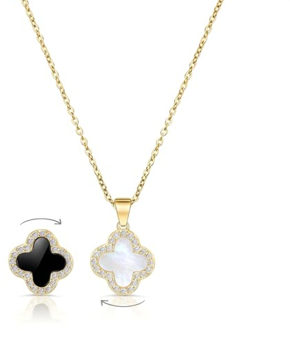 SHINYY 2 Side Crystal Clover Necklace for Women | 18K Gold Plated Four Leaf Lucky Pendant | 4 Leaf Cubic Zirconia Jewelry for Her, Dainty, 18K Gold Plated, Cubic Zirconia