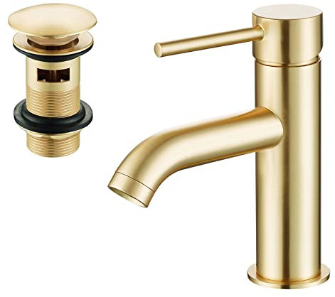 Nes Home Modern Cloakroom Brushed Brass Round Basin Mono Mixer Tap and Waste