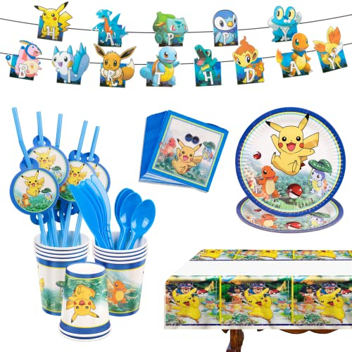 Thingehoy 72 Pcs Kinder Partygeschirr Set, Kinder Geburtstagsdeko, Birthday Decorations Set, Party Deko Geburtstag, Kindergeburtstag Deko Party Zubehör, Happy Birthday Banner Teller Tassen Tischdecke