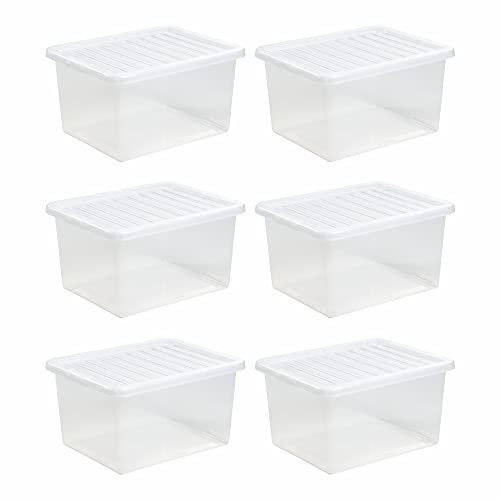 Set of 6-37L Litre Plastic Wham Storage Boxes Crystal Clear Box & Lid Suitable for all around the Home Office and Workplace Stackable Nestable Strong Boxes [48.00 x 38.50 x 26.00 cm]