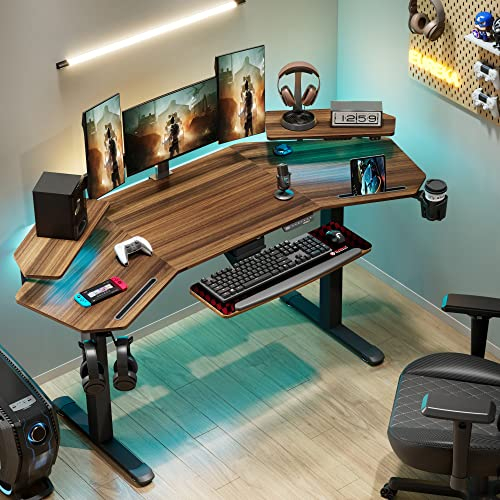Standing Desk with Keyboard Tray, 182.7x 76 cm Large Studio Music Desk, Height Adjustable Gaming Desk with LED Convertible Shelves, Electric Dual Motor, Slot Design