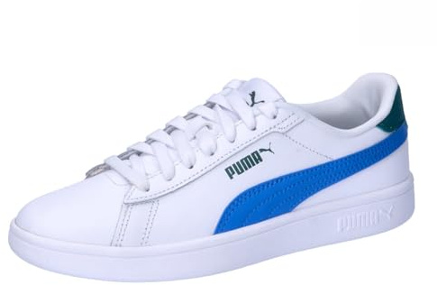 Puma Unisex Youth Smash 3.0 L JR Sneaker, Puma White-HYPERLINK Blue-Cold Green, 38 EU