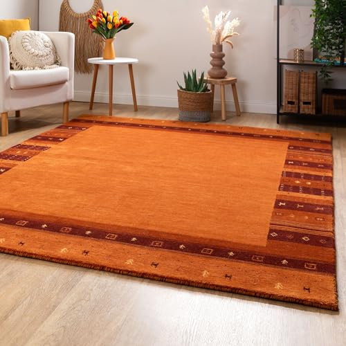 Steffensmeier Gabbeh Teppich Zagros | Wolle, Bordüre Terra, Größe: 200x300 cm Kurzflor Teppich für Wohnzimmer, Ethno Look
