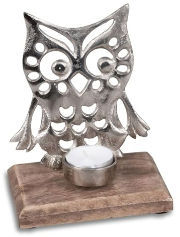 formano Schriftzug Eule aus Aluminium & Mangoholz 22cm - Dekoaufsteller Silber