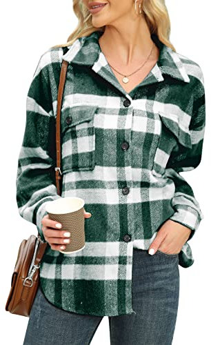 Durio Blouson à carreaux pour femme - Avec manches longues - Chemise à carreaux pour femme - Chemisier surdimensionné - Veste demi-saison, vert foncé, S