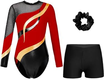 iiniim Mädchen Turnanzug Langarm Gymnastikanzug mit Shorts Haarband Glitzer Gymnastik Leotard Langarm Ballettanzug Wettbewerb Tanzkostüm Rot&Schwarz 170-176