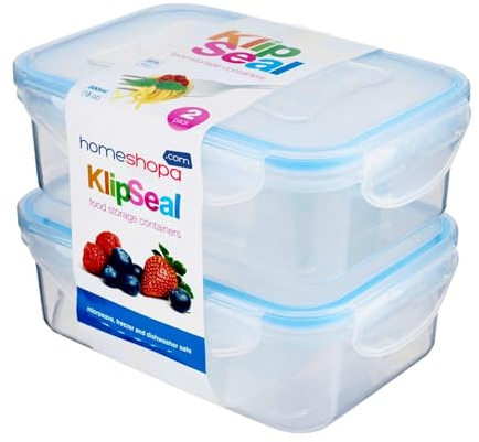 HOMESHOPA Plastic Airtight Food Storage Container, 2 Pack-500ml Leakproof Rectangle Clip-Lock Lid Storage Box, Stackable, BPA Free Reusable Meal Prep Lunch Box, Microwave Freezer & Dishwasher Safe
