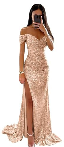 Generico Vestidos de Fiesta sin tirantes para Mujer Vestidos de Sirena con lentejuelas Vestidos de Novia Largos con Escote en V Vestidos de Noche formales Rose Gold 16W