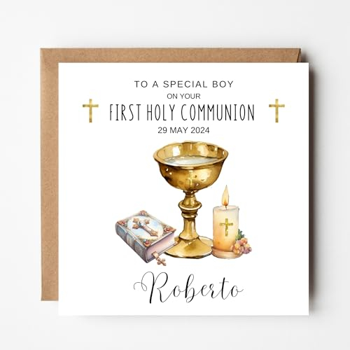 First Holy Communion Card, Personalised 1st Holy Communion Card for Boys Customise with Name and Date for a special celebration to Celebrate a Milestone. To a Special Boy Gold Chalice