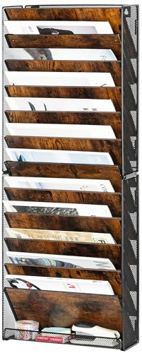 Solinxe Zeitungshalter Wand aus Holz mit 12 Fächern Metall Zeitungsständer Hängeregister Wandablagefächer A4 Papier Dokumentenablage Büro Schule Ablage Organizer, Schwarz/Antik