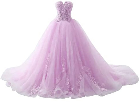 CLcaojun Vestido de quinceañera de tul sin tirantes, vestido de baile, apliques de encaje, vestido de fiesta de cumpleaños 16, Lila, 52