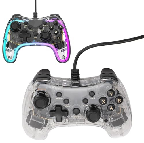 Manette de Jeu Filaire, Manette de Jeu Transparente avec Lumière RVB, Gyroscope 6 Axes, Fonction Rafale, Réveil, pour PC, Android, iOS, OS X, Steam Deck