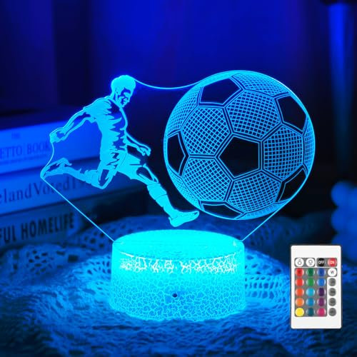 Yulado Fussball Geschenke Jungen Kinder Mädchen, 3D Nachtlicht Optische Täuschungs Deko lampe mit 16 Farben Ändern und Fernbedienung, Fußball Geburtstag Weihnachtsidee für Jungen Mädchen