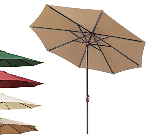 OWOHYG Pare-Soleil inclinable de 2,7 m, Rouge vin, Vert foncé, Beige, Kaki, café, Parasol de Jardin avec manivelle pour Jardin, terrasse, Camping, Parasol(Khaki-2.7M)