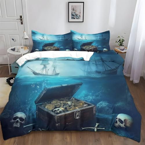 Bettwäsche 200x220cm Bettbezug Set 3teilig Digitale Kunst Piratenschiff Totenkopf Schatztruhe Microfaser Bettwäsche-Sets, Weiche und Angenehme Bettbezüge mit Reißverschluss + 2 Kopfkissenbezug