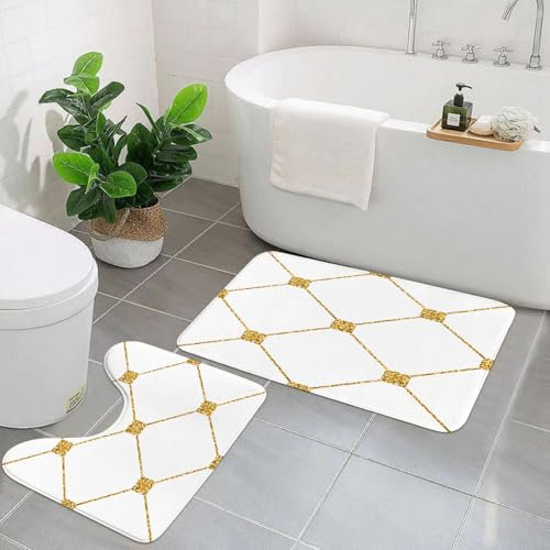 KGDHY Badezimmermatten-Sets 2-Teilig,Goldglitzer und weiße Vorlage. Goldenes Ornament.,Bad und WC-Vorleger-Set,rutschfeste Badezimmerteppiche wasserabsorbierende