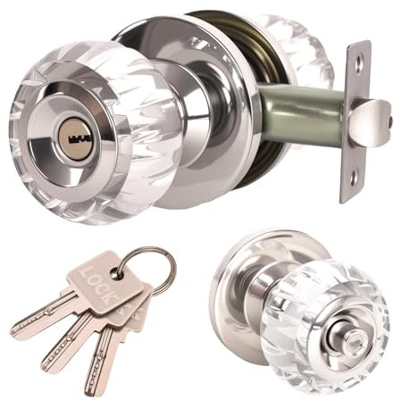 ANSIONLOK Crystal Door Knobs with Lock and Keys, Keyed Entry Glass Door Knobs, Exterior and Interior Door Lock with Keys, Clear Diamond Door Knob for Bedroom Bathroom, Stain Nickel, 1 Pack
