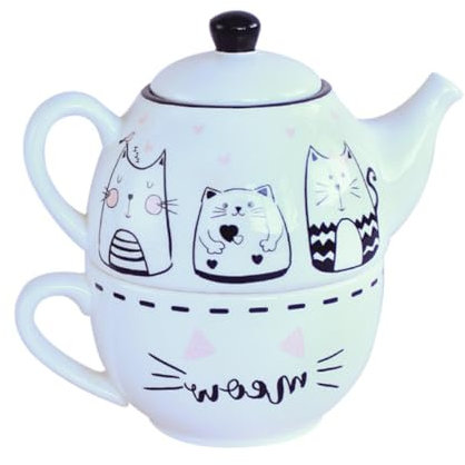 Sosoport Juego de Tetera Tazas de Cerámica Adorable Diseño de Gato Portátil para Casa y Oficina Juego de Decorativo