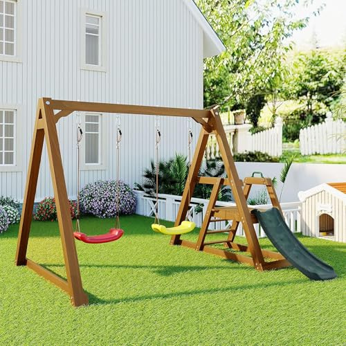 SSQUZA Schaukelgestell Outdoor Holz mit 2 Schaukelsitzen,Gartenschaukel Kinder mit Rutsche und Kletterleiter,Robustes Schaukelgerüst mit Gestell für Garten,Kinderschaukel Braun,238,5x240x168,9cm