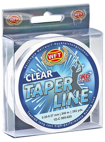 WFT Taper Line Clear Angelschnur, 240m, Glasklare Monofile Schnur für Brandungsangeln, 0,20-0,26mm Durchmesser, Abriebfest, mit Fließender Verdickung (0,23-0,57mm)