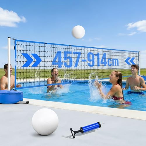 Pool Volleyball-Set, Tragbarer Volleyballnetz Verstellbar 4,5-9,1m mit Volleyball, Stabilem-Stangen [Anti-Rost Beschichtung], 27L Wasserbeutel, Spielzeugpool Volleyballspiel für Kinder und Erwachsene