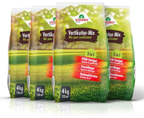 VERDURMAX 4 x 4 kg Vertikutier-Mix 3in1 | RSM Nachsaat mit Startdünger & Bodenaktivator – Rasendünger für schnelle Rasenregeneration nach dem Vertikutieren – dichter,