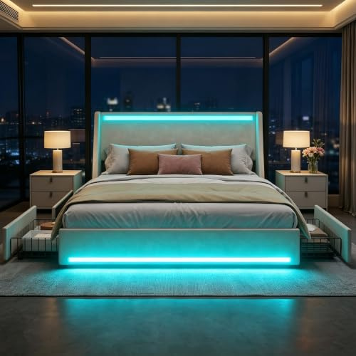 VECELO 4ft6 Double Bed Frame with LED Lights, Velvet Upholstered Platform Bed with 2 Storage Drawers, Side Pockets, Dual USB and Type-C Charging Ports, Easy Assembly, No Box Spring Needed
