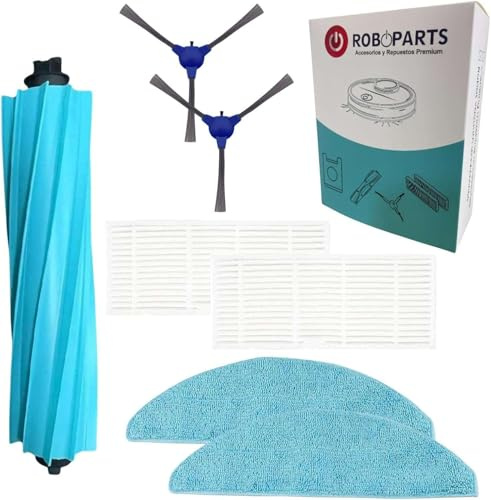 Roboparts® Recambios compatibles con Robot Aspirador Cecotec Conga M70 / M70 Genesis. Rodillo Principal Central, cepillos Laterales, Filtro Hepa y Mopas de reemplazo