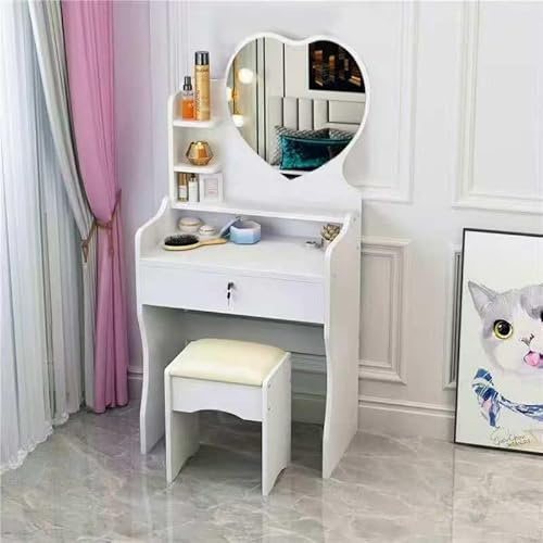 GrecoShop Scrivania Bambini Toeletta Tavolo Trucco con Specchio a cuore e Sgabello, Vanity Table Mobile Trucco+Cassetto, Postazione Make‑Up per Ragazze e Bambine, Arredo Bianco per Camera da Letto