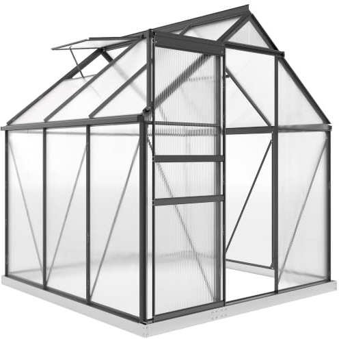 Outsunny Serra da Giardino 3.6㎡ con Fondazione in Policarbonato Grigio | Telaio in Lega di Alluminio, Grondaie, Finestra a Tetto Regolabili, Porta a Battente, Serra per Orto, per Piante, Anti UV