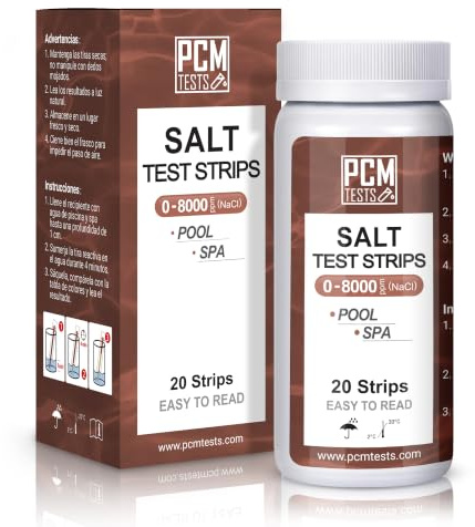 PCM TESTS Lot de 20 bandelettes test de sel pour piscine et spa, mesure de la salinité, lecture facile, rapide et précise, testeur de sel de piscine, test de piscine, sel de piscine