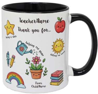 Personalised Teacher Mug – Best Teacher Presents – Add Names, End of School | Personalised with teacher and child name – message both sides, best end of year gift