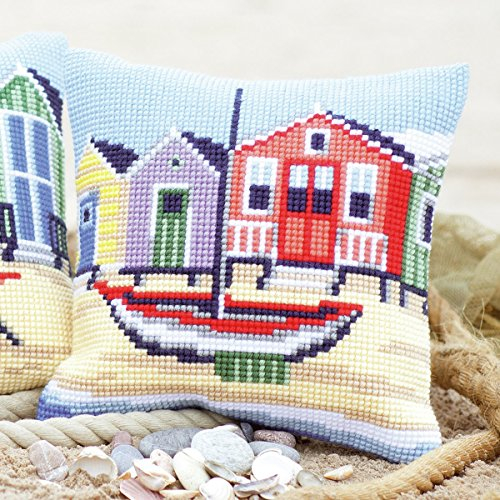 VERVACO Kreuzstich Stickpackungen Kissen Stickerei Set Anfänger Vorgedruckt An der Küste DIY Set Kreativ Set Für Erwachsene Dekoratives Kissen ca. 40 x 40 cm Bastelset Handwerker Haus Dekoration