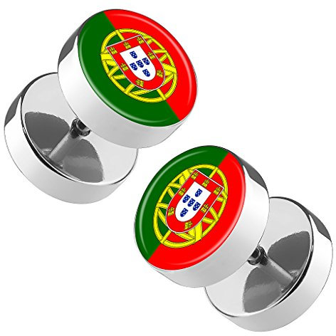 Piersando Ohrringe Fake Ohr Plug Flesh Tunnel Piercing Ohrstecker Stecker Stab Runde Platte Fussball EM & WM Länderflagge Fanartikel Land Flagge Portugal